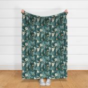 Large Scale Spring Grunge Floral White Daisies on Turquoise