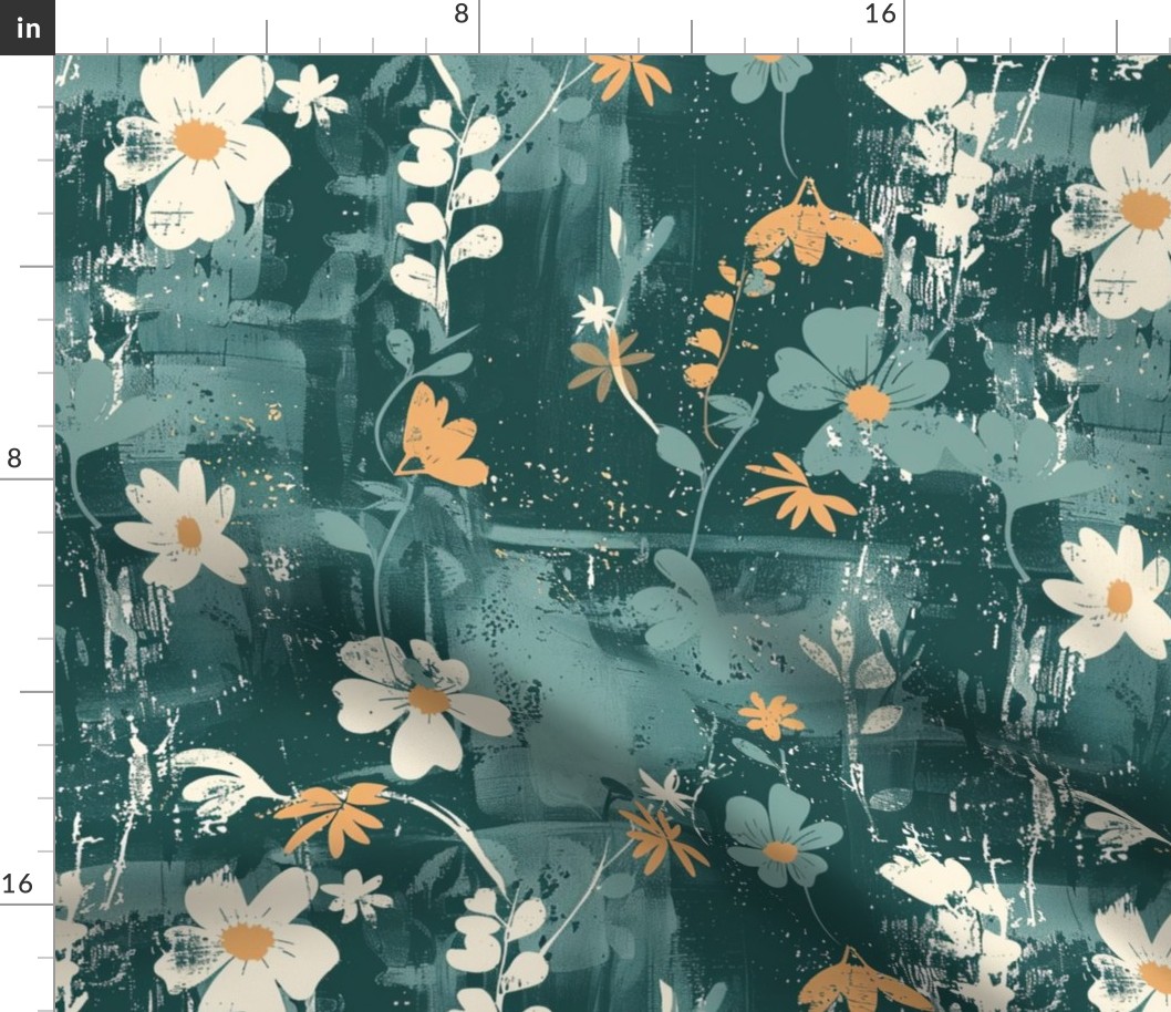 Large Scale Spring Grunge Floral White Daisies on Turquoise