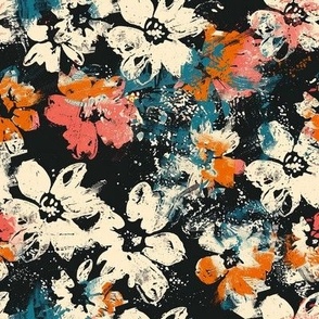 Medium Scale Spring Grunge Floral Coral Blue and Ivory