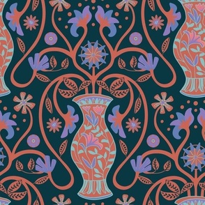 HELLENA Mediterranean Greek Vase Neo-Classical Floral Botanical in Greco-Roman Colours Terracotta Aqua Purple Deep Blue - MEDIUM Scale - UnBlink Studio by Jackie Tahara