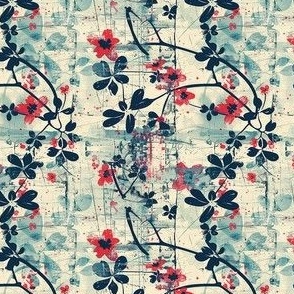 Small Scale Spring Grunge Floral Patriotic Red and Blue Flower Vines