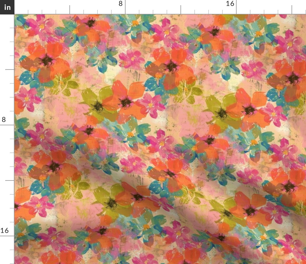Medium Scale Spring Grunge Floral Colorful Daisy Flowers