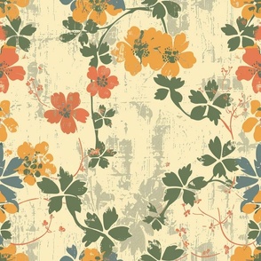 Large Scale Spring Grunge Floral Dainty Coral and Yellow Flower Vine