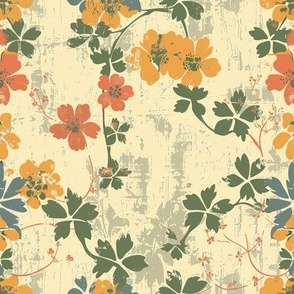 Medium Scale Spring Grunge Floral Dainty Coral and Yellow Flower Vine
