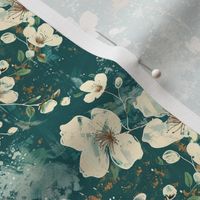 Small Scale Spring Grunge Floral White Flowers on Turquoise