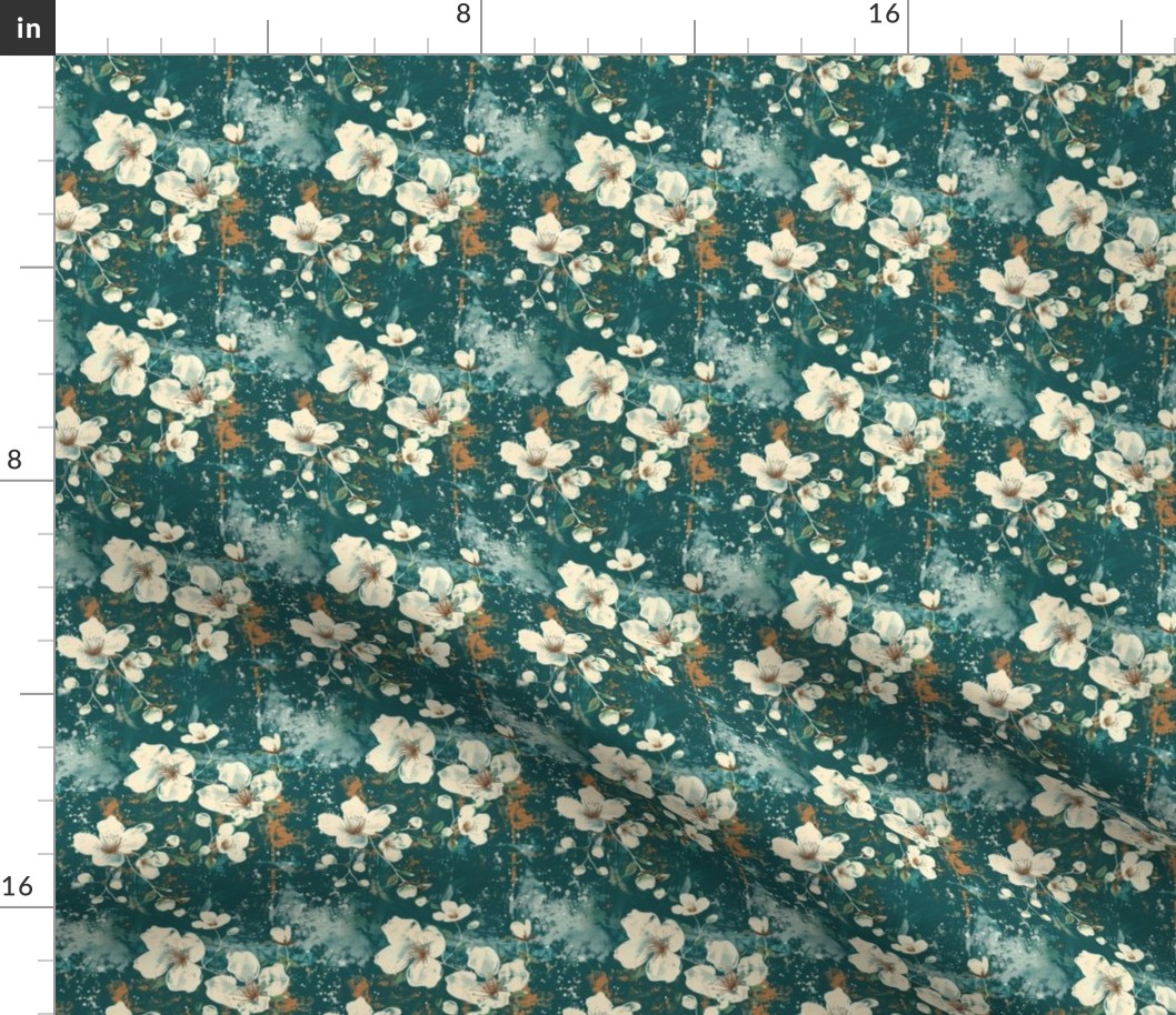 Small Scale Spring Grunge Floral White Flowers on Turquoise