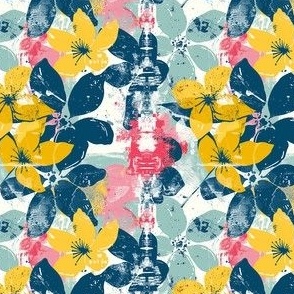 Small Scale Spring Grunge Floral Bold Navy Yellow Pink and Aqua Flowers