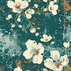 Medium Scale Spring Grunge Floral White Flowers on Turquoise
