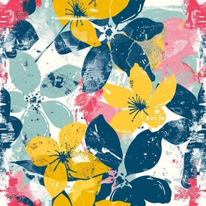 Large Scale Spring Grunge Floral Bold Navy Yellow Pink and Aqua Flowers