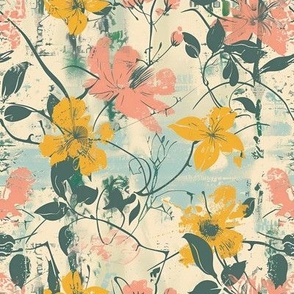 Medium Scale Spring Grunge Floral Yellow and Dusty Pink Flower Vines