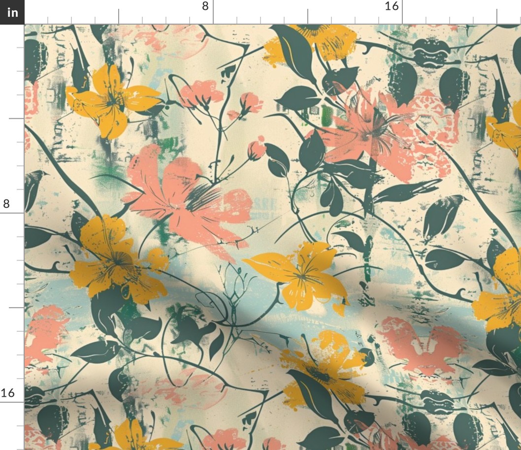 Large Scale Spring Grunge Floral Yellow and Dusty Pink Flower Vines