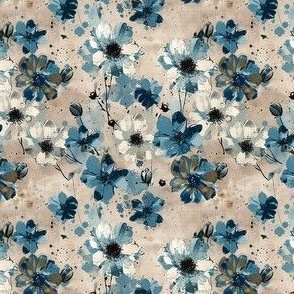 Small Scale Spring Grunge Floral Blue Tan Grey Flowers