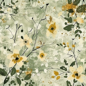 Large Scale Spring Grunge Floral Petite Ivory and Gold Flower Vines