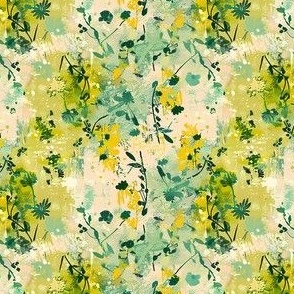 Small Scale Spring Grunge Floral Yellow and Mint Green Abstract Flowers