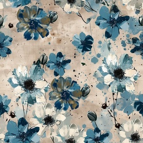 Large Scale Spring Grunge Floral Blue Tan Grey Flowers