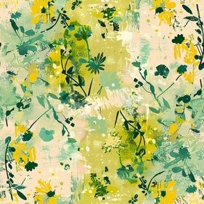 Medium Scale Spring Grunge Floral Yellow and Mint Green Abstract Flowers