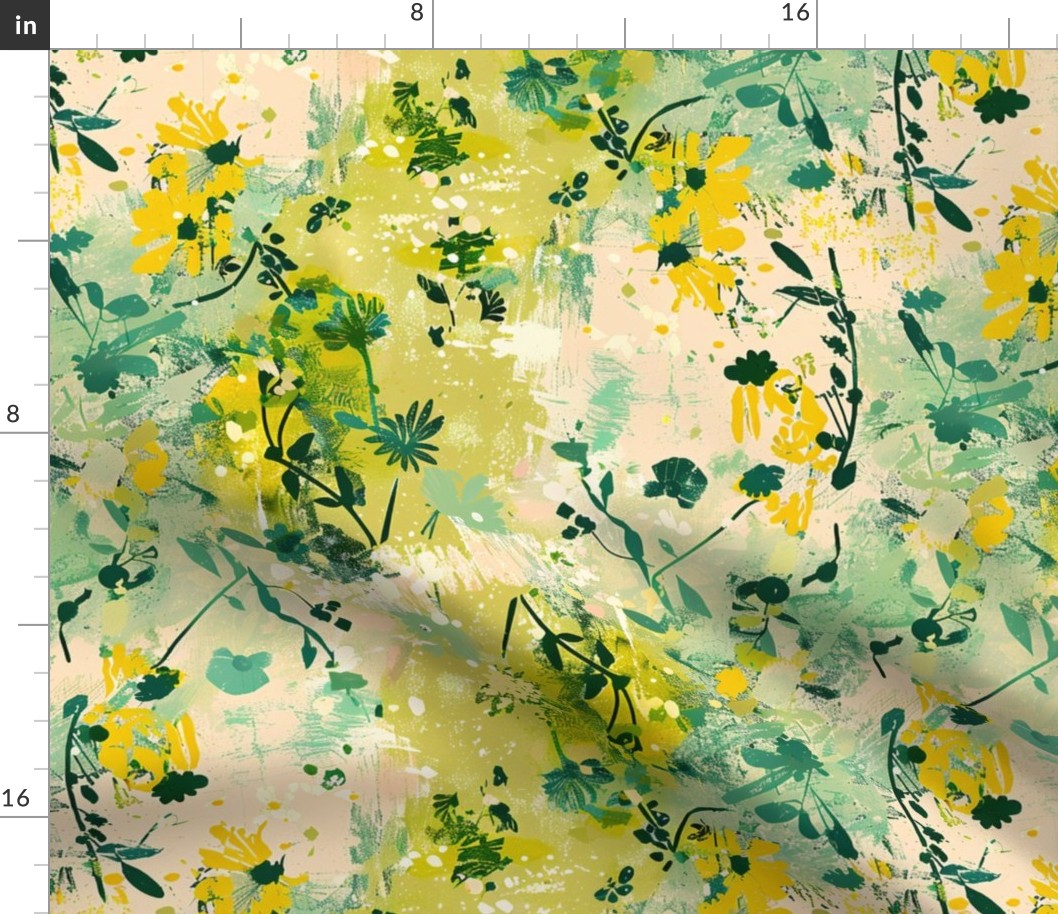 Large Scale Spring Grunge Floral Yellow and Mint Green Abstract Flowers