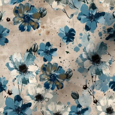 Medium Scale Spring Grunge Floral Blue Tan Grey Flowers