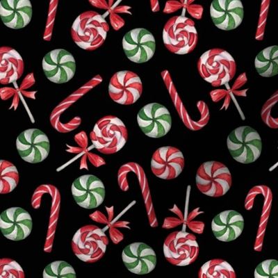 Peppermint Wonderland, Christmas Candy Canes, Lollipops and Mints On Black,  M, 6"