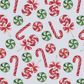 Peppermint Wonderland, Christmas Candy Canes, Lollipops and Mints On Light Grey,  M, 6"