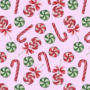 Peppermint Wonderland, Christmas Candy Canes, Lollipops and Mints On Light Pink,  M, 6"