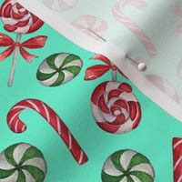 Peppermint Wonderland, Christmas Candy Canes, Lollipops and Mints On Bright Mint,  M, 6"