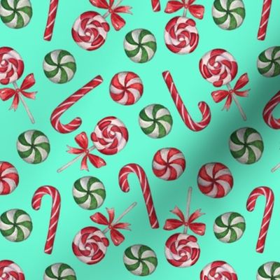 Peppermint Wonderland, Christmas Candy Canes, Lollipops and Mints On Bright Mint,  M, 6"