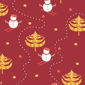 Christmas Slalom - Deep Crimson - Burgundy - Snowman Snowmen Ski Sports Mountains Christmas Tree Festive Kids
