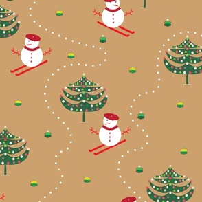 Christmas Slalom - Caramel Brown - Snowman Snowmen Ski Sports Mountains Christmas Tree Festive Kids
