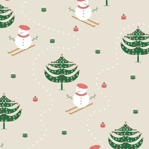Christmas Slalom - Soft Ivory - Pale Cream Snowman Snowmen Ski Sports Mountains Christmas Tree Festive Kids