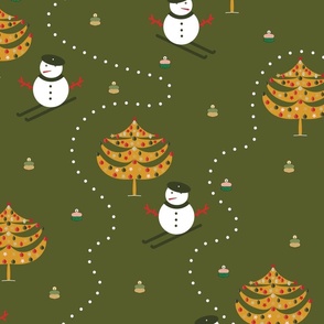 Christmas Slalom - Olive Green - Snowman Snowmen Ski Sports Mountains Christmas Tree Festive Kids