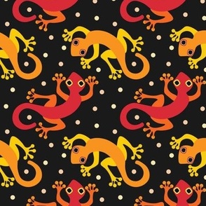 (S) Cute Gecko Lizards in Bright Colors  Red and GOrange on Black  with Polka Dots