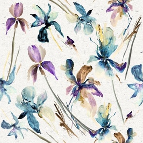 Large Whimsical Vintage Orchids / Watercolor Blue Purple Beige Iris