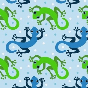 (S) Cute Gecko Lizards in Bright Colors  Blue and Green on Pale Blue  with Polka Dots