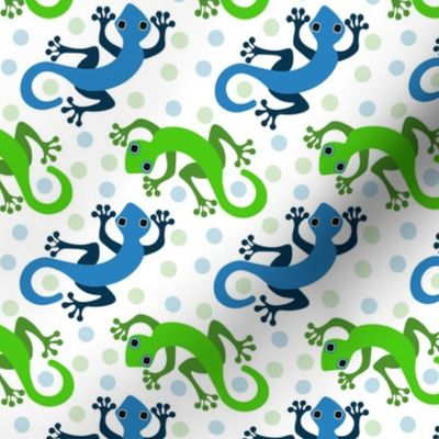 (S) Cute Gecko Lizards in Bright Colors  Blue and Green on White  with Polka Dots