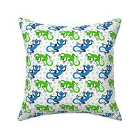 (S) Cute Gecko Lizards in Bright Colors  Blue and Green on White  with Polka Dots