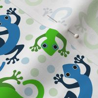 (S) Cute Gecko Lizards in Bright Colors  Blue and Green on White  with Polka Dots