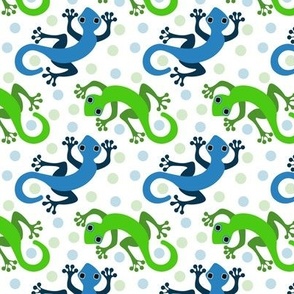 (S) Cute Gecko Lizards in Bright Colors  Blue and Green on White  with Polka Dots