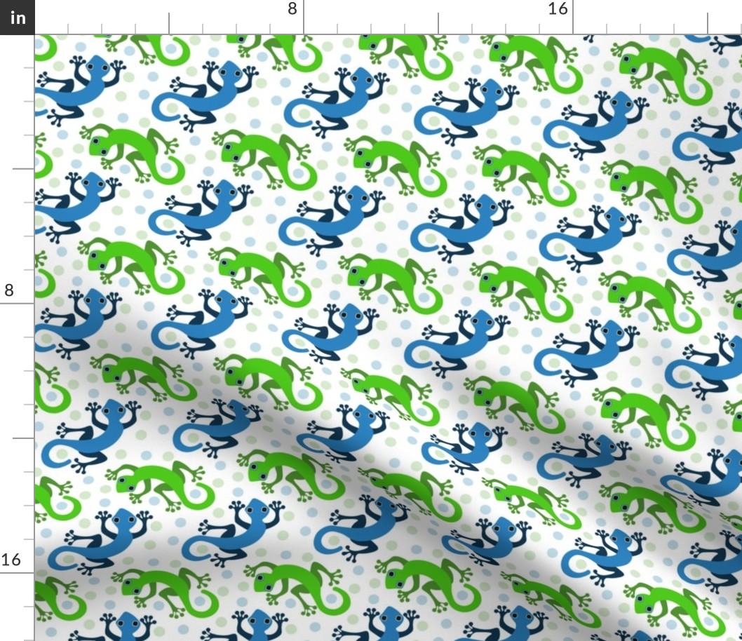 (S) Cute Gecko Lizards in Bright Colors  Blue and Green on White  with Polka Dots