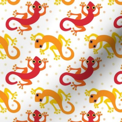 (S) Cute Gecko Lizards in Bright Colors  Red and Orange on White  with Polka Dots