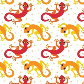 (S) Cute Gecko Lizards in Bright Colors  Red and Orange on White  with Polka Dots