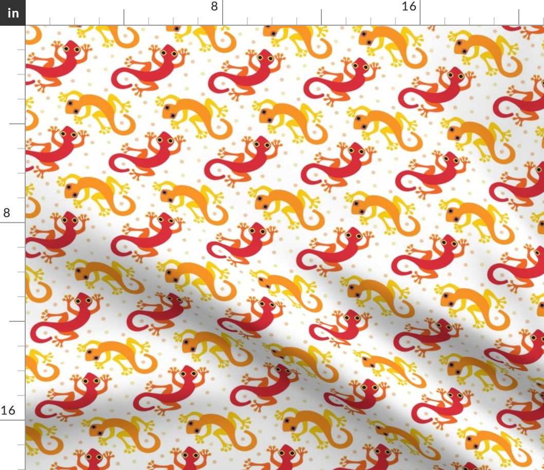 (S) Cute Gecko Lizards in Bright Colors  Red and Orange on White  with Polka Dots