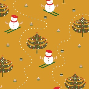 Christmas Slalom - Bright Amber - Mustard Snowman Snowmen Ski Sports Mountains Christmas Tree Festive Kids