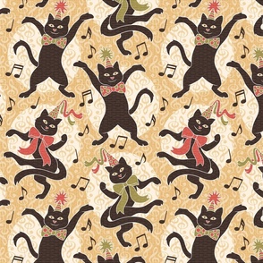Dancing Party Cats Medium Scale - Brown, Yellow, Olive Green, Vermillion