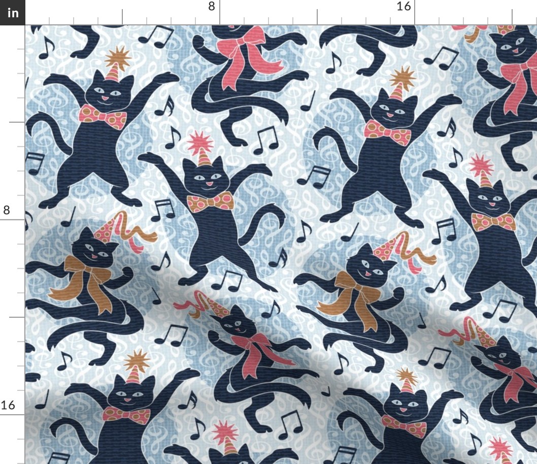 Dancing Party Cats Medium Scale - Navy Blue, Light Blue, Pink, Gold
