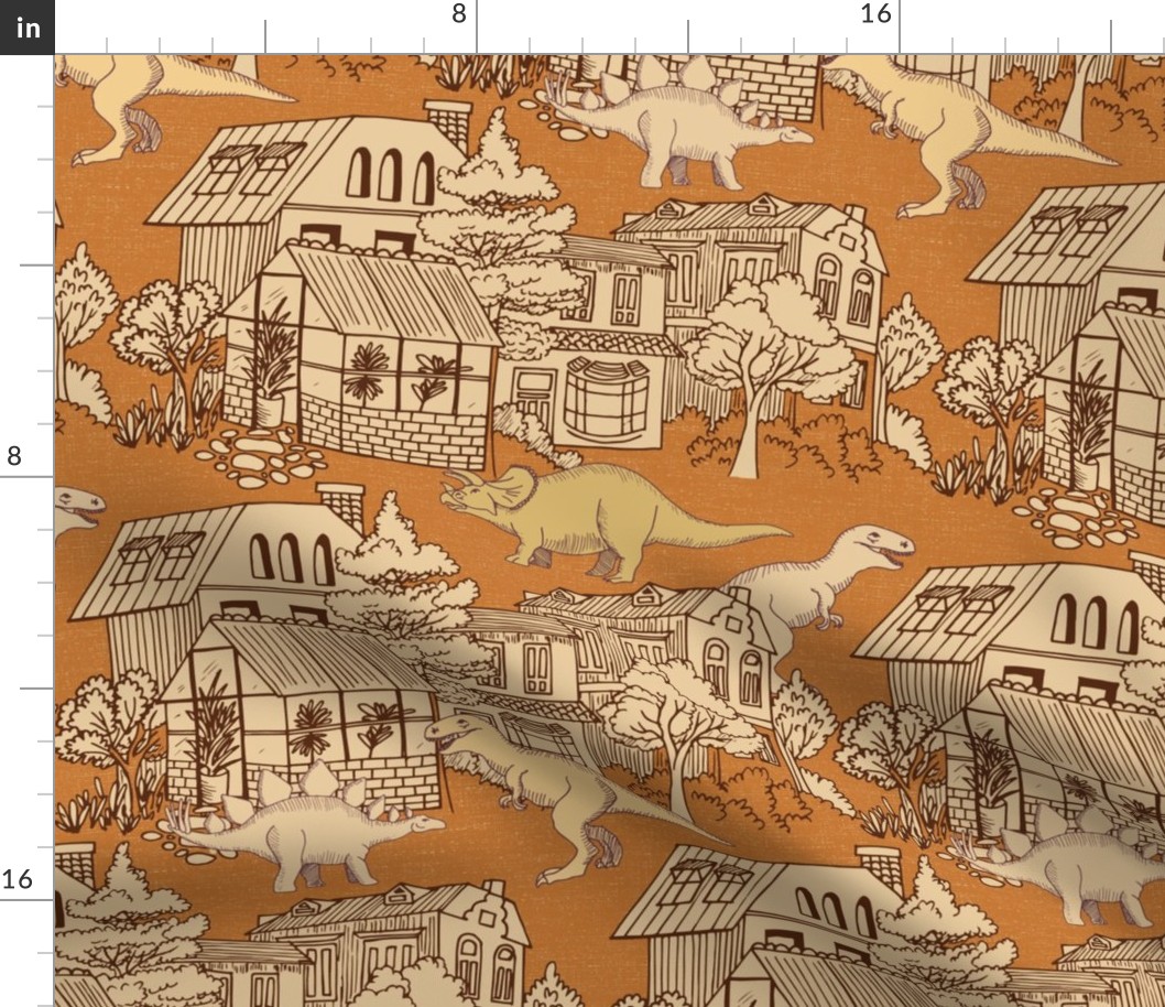 Hand drawn Brown and Creamy White Dinosaurs Roaming in the Urban City Sketch With Texture