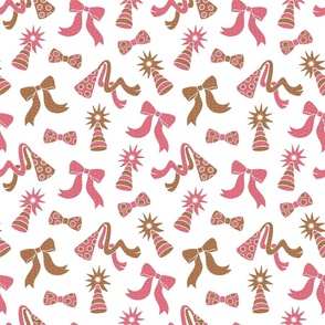 Scattered Party Hats & Bows Medium Scale - Pink, Gold, White