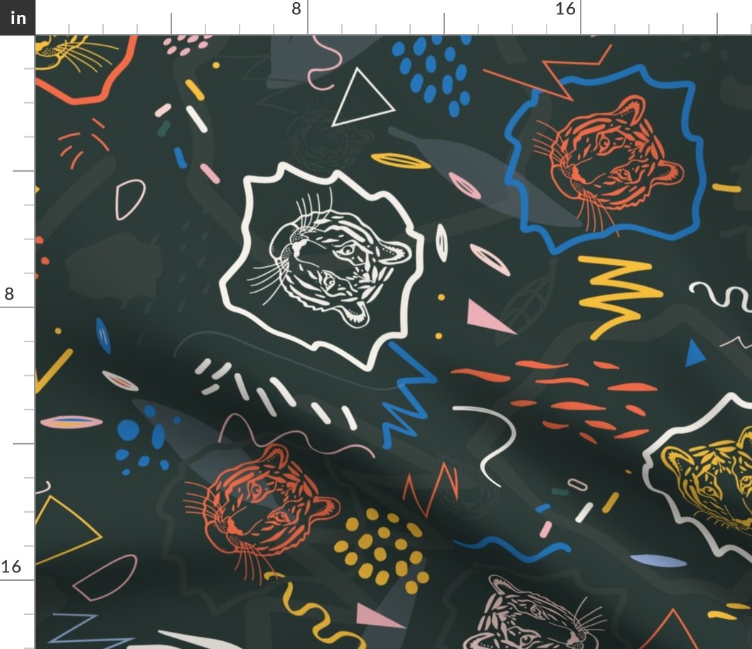 Large - 80s kids tiger design. Zigzags and tigers on black with bright colours, unisex, gender neutral - primary colors