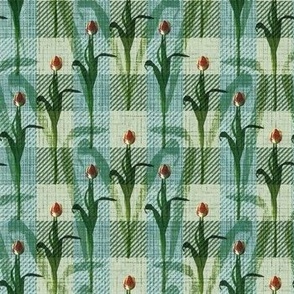 Yellow Tulip Plaid, Green Floral Stems, Botanical Country Gingham, Spring Cottagecore Flowers, Green Leaves Farmhouse Plaid, Gingham Flower Blooms, Rustic Flower Illustration, Texture Blue Green Yellow Plaid, Springtime Farmhouse Kitchen Décor