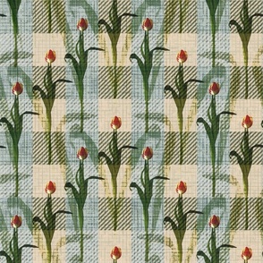 Blue Green Spring Flower Home Interior Floral Plaid, Textured Springtime Picnic Table Linen Check, Lush Greens Leaves, Vibrant Red Yellow Tulip Flowers, Rustic Gingham Flower Illustration, Colorful Minimalist Tulips Home Décor, Modern Farmhouse Kitchen